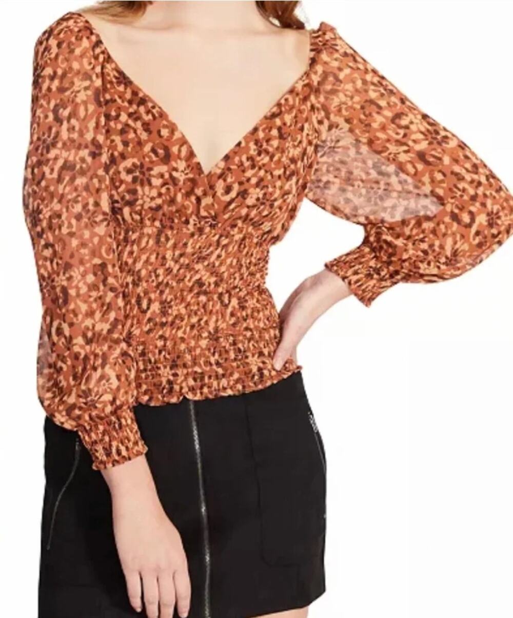 Steve Madden Brown Floral Leopard Smocked Chiffon Blouse Sheer Top S NWT